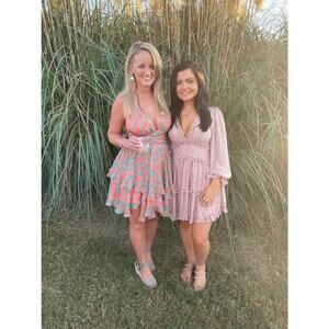 CAROLINE CONSTAS Coral Green Floral Hourglass Paris Mini Dress Size Medium